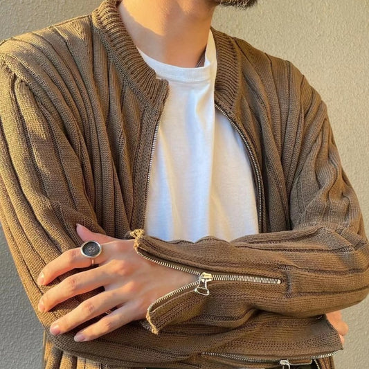 Brown Striped Zipper Knitted Cardigan